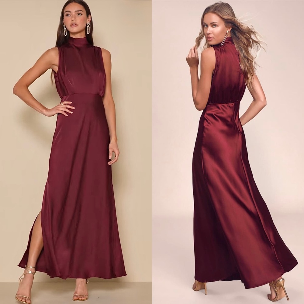 NWT LULUS Burgundy Satin Mockneck Sleeveless Formal Wedding Guest Maxi Gown XL - Picture 3 of 9